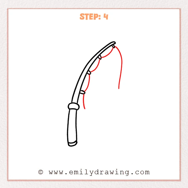 how to draw a fishing pole - Fishing pole drawing with hanging fishing lines added through the guides along the curved rod.